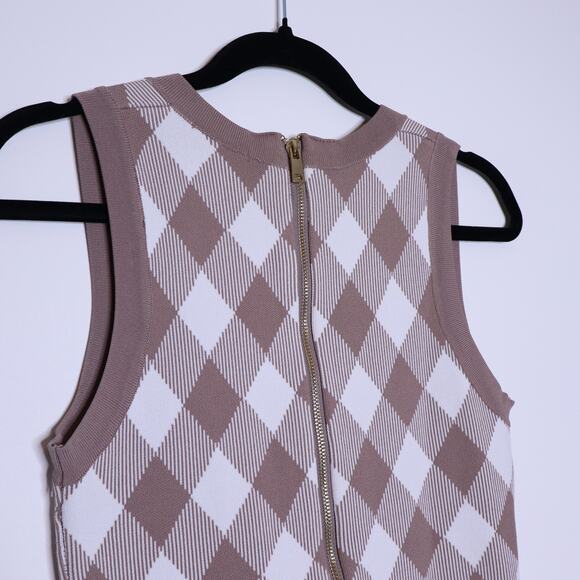 MABLE Ada Jacquard Bodycon Mini Dress Taupe Sleeveless Button Dress Women's M - Picture 11 of 15